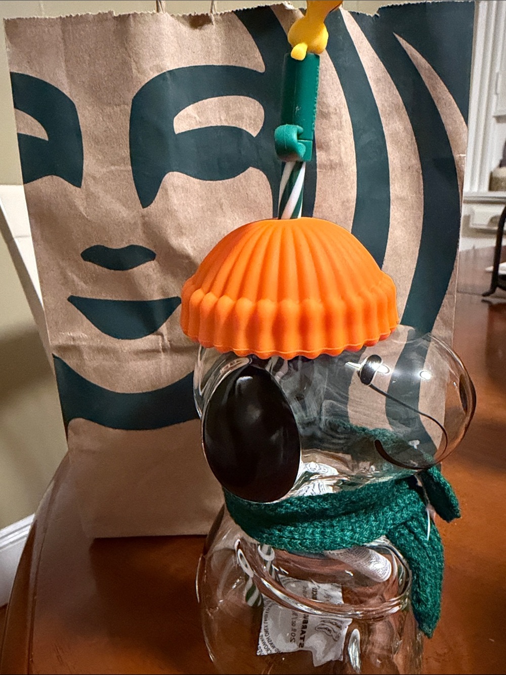 Starbucks Clear Glass snoopy Tumbler with Orange Lid and Green Scarf - Picture 2 of 3